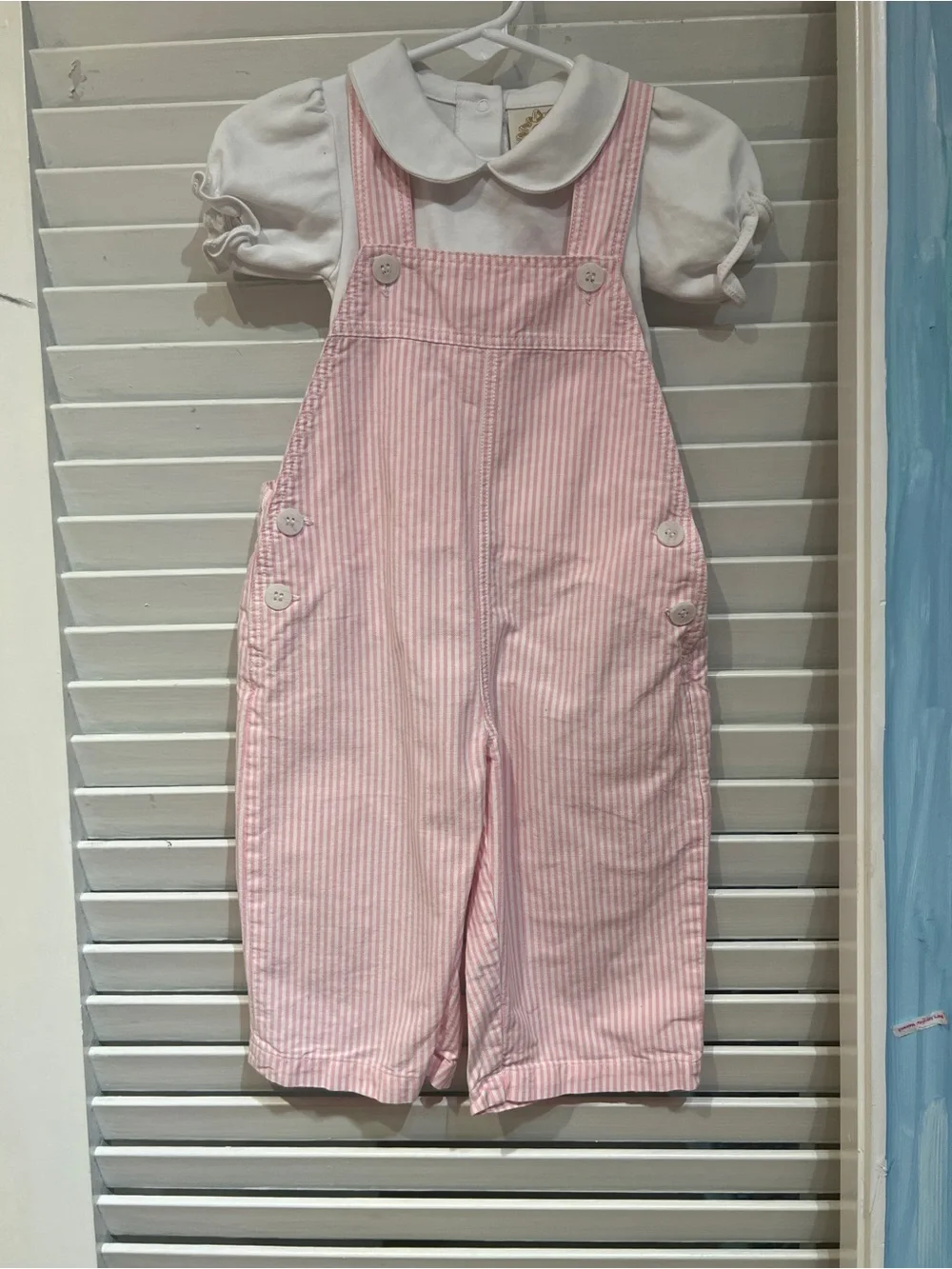 The Beaufort Bonnet Company Pink Striped Overalls with White Puff Sleeve Top
